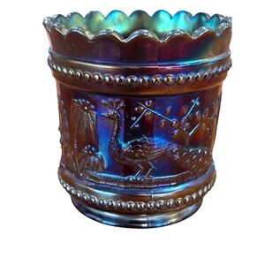 Vintage Iridescent Northwood  Peacock Fountain‎ Glass Spooner Art Nouveau Blue
